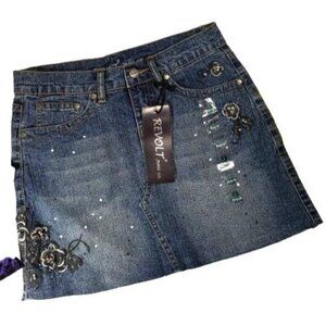Revolt Jean Co Mini Floral Skirt Embroidered Rose Faded Ripped Rhinestones Botto